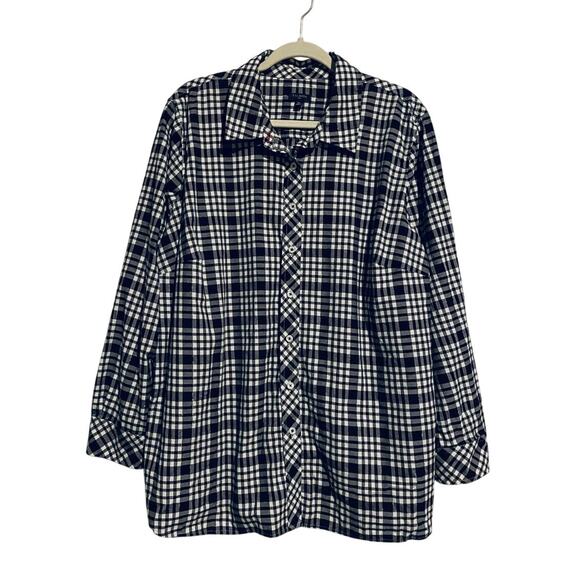 Talbots Top Womens 2X Black Plaid Button Up Long Sleeve Silver Metallic Cotton - Picture 1 of 6